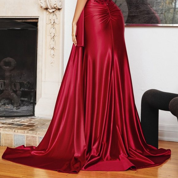 NEW LONG OFF THE SHOULDER SLEEVELESS SATIN GOWN WITH BEADED LACE DETAILS CDS418 - Picture 7 of 10